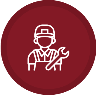 Icon of mechanic with wrench on red.