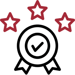 Three stars above a ribbon badge with a checkmark symbol.