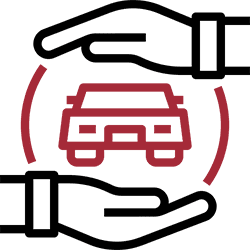 Hands protecting a car inside a shield icon.