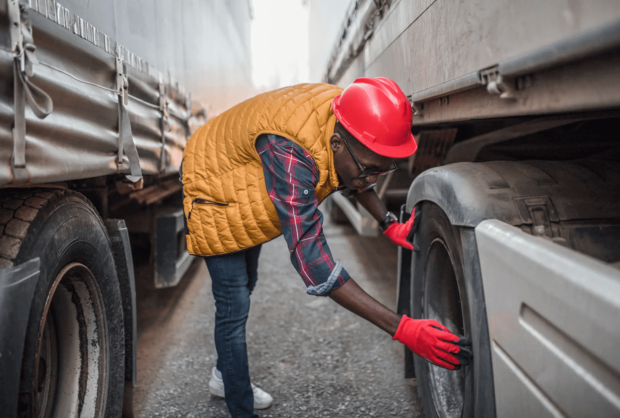 Person inspecting truck tire wearing safety gear.